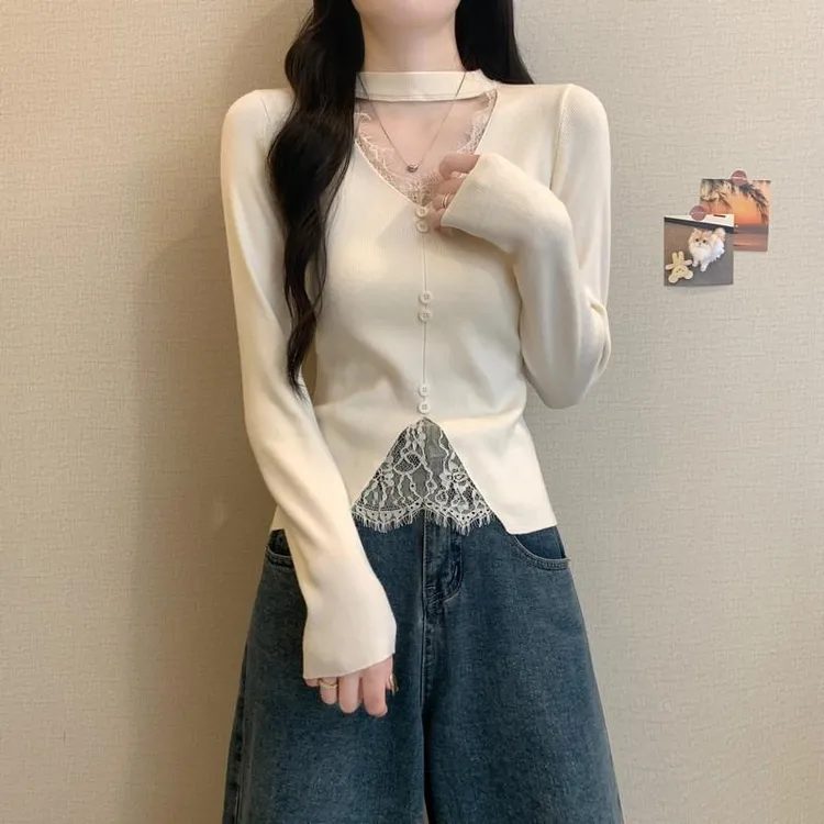 内搭针织毛衣女设计感百搭V领打底衫蕾丝挂脖修身长袖上衣I2-59