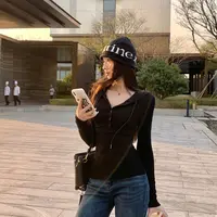 大码早秋简约美式辣妹微胖mm 半开扣连帽卫衣收腰内搭长袖上衣女