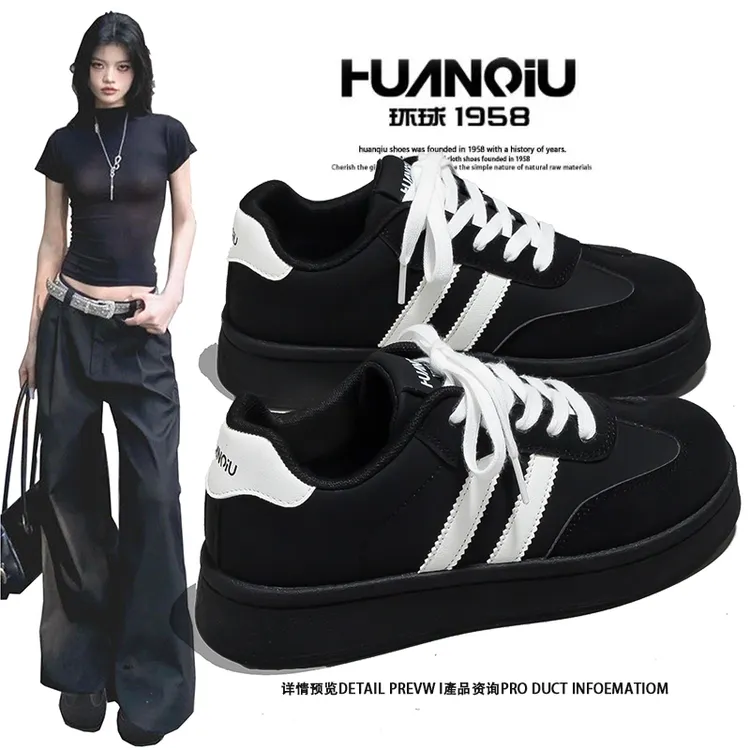 环球系带圆头小众运动鞋女休闲增高百搭板鞋女2025新款潮流德训鞋