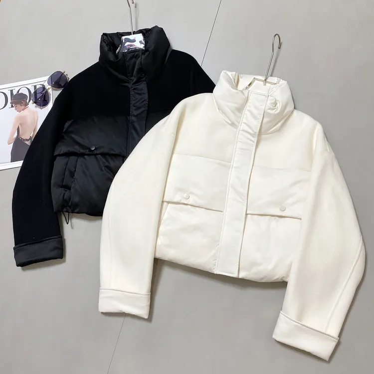 欧货正品羽绒外套女立领拉链双面呢拼接暗扣设计高级感白鹅绒