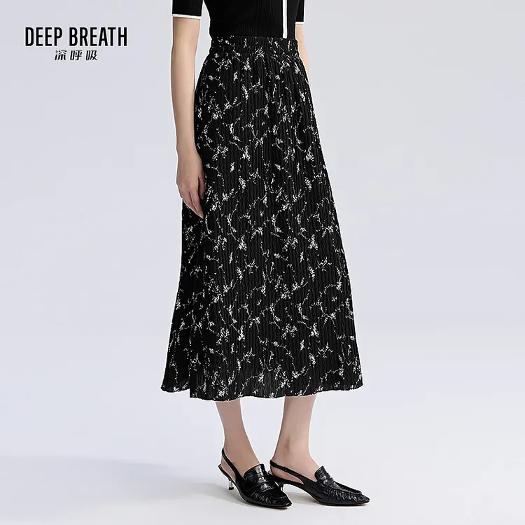 DEEP BREATH深呼吸女装复古松紧腰碎花中长款高腰半身裙A200337