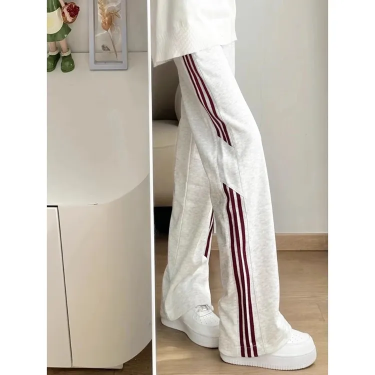 美式撞色条纹直筒灰色卫裤男女春秋休闲百搭潮牌宽松阔腿休闲裤子