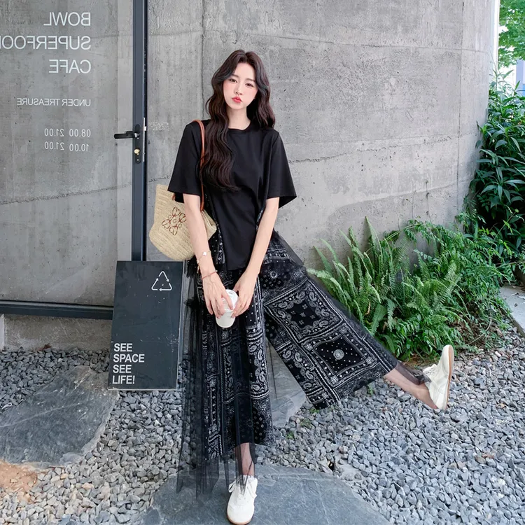 复古民族风印花网纱套装裤2025夏季新款氛围感显瘦老钱风两件套潮