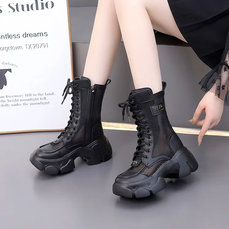真皮厚底镂空马丁靴女2025新款夏百搭中筒网靴小个子轻便网面凉靴