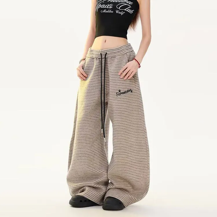美式复古辣妹条纹休闲卫裤女2025秋冬宽松爵士舞阔腿运动长裤