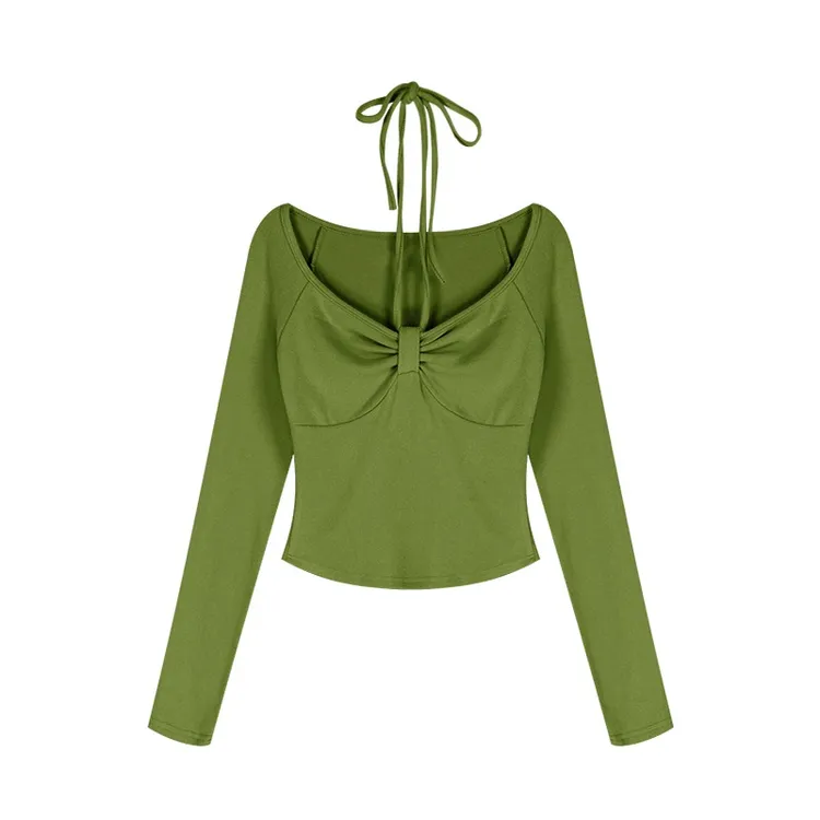 小衫白色螺纹秋冬设计感百搭V领女冬季挂脖秋季辣妹打底甜上衣青