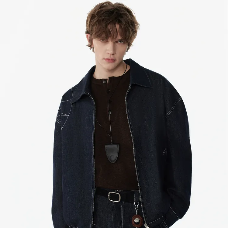 APOECHO   美式翻领原牛明线翻领牛仔羽绒外套宽松高级感设计外套