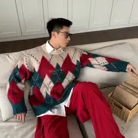 YDD【菱格撞色】美式复古学院风秋冬圆领针织衫男女毛衣