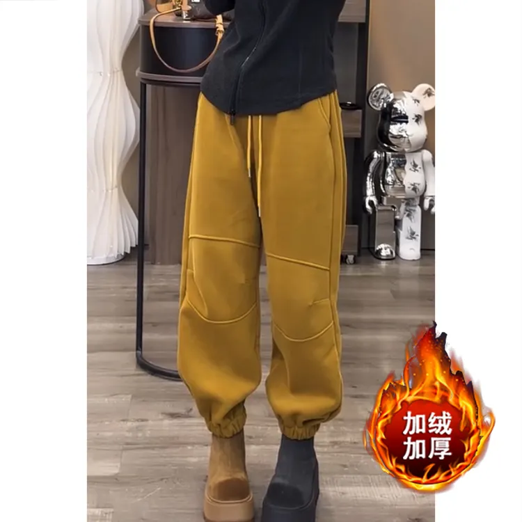 艾塔莉冬季加绒加厚松紧腰休闲卫裤宽松百搭运动风保暖束脚裤女款