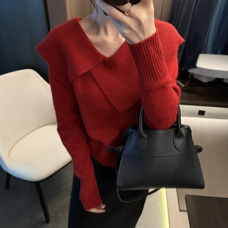 MEIZHENZI【荷田田】绵羊毛|秋冬气质大翻领针织衫女打底毛衣