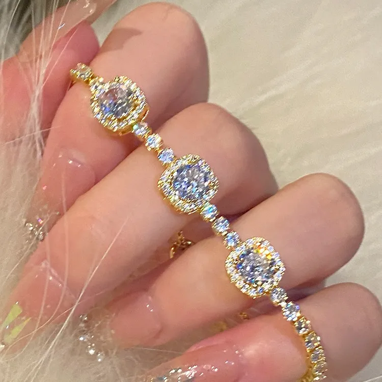 925银手链 【金色华尔兹】方形锆石镀金可调节手链精致超闪轻奢小众