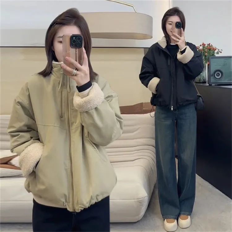 双拉链棉衣休闲冲锋衣2025秋冬新款加厚夹克宽松休闲时尚外套女款