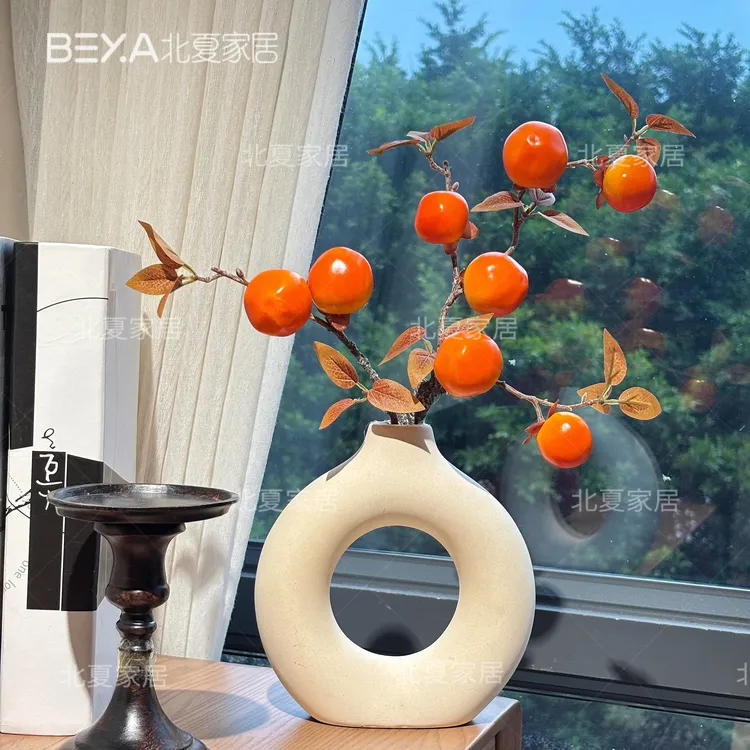 仿真柿子果实假花树枝客厅摆设干花柿子装饰摆件柿柿如意插花花束