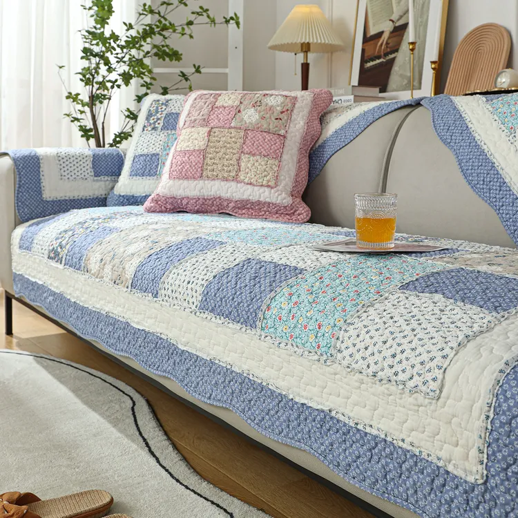 新品蓝色绗缝全棉拼布加厚防滑沙发垫四季通用纯棉坐垫冬季高档