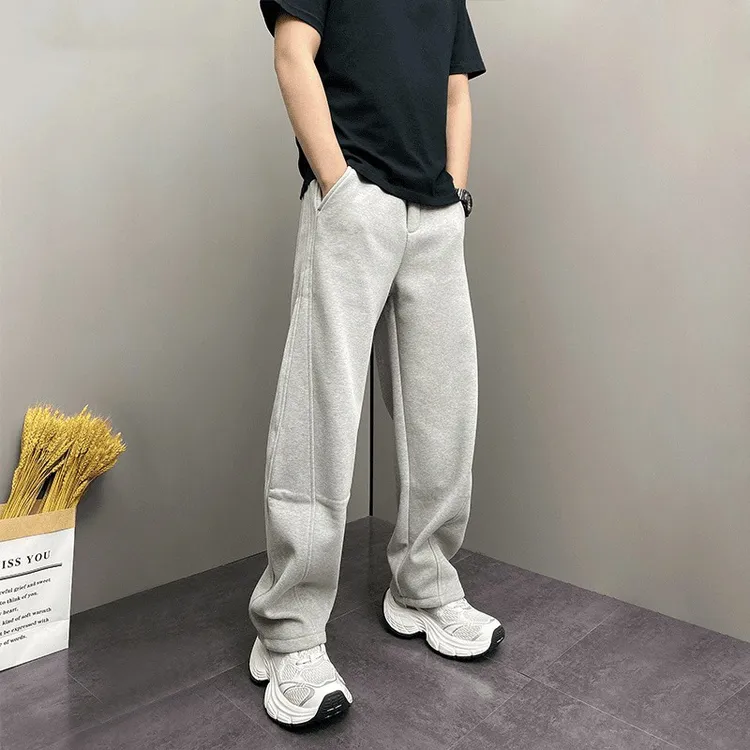 2025新款冬季加绒加厚简约百搭弯刀休闲裤宽松男士显瘦直筒运动裤