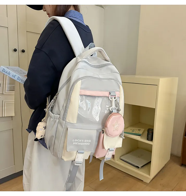 纯色背负式学院风女双肩防水书包高中生法式机能风韩版简约简约