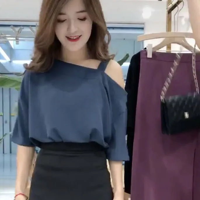 一字领polo洋气短袖T恤一字肩夏季感露肩宽松显瘦百搭时尚短裤女