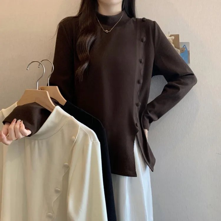 冬装新款胖mm大码女韩系设计感半高领不规则长袖内搭上衣A2858