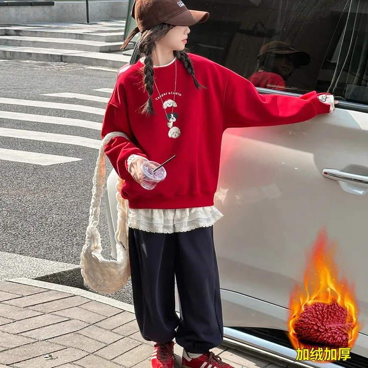 女童加绒卫衣秋冬装洋气上衣女孩秋季韩系穿搭衣服初中生打底衫潮