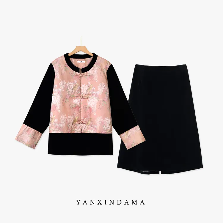 【岩心】大码女装300斤胖MM新中式盘扣外套+丝绒半身裙套装66737