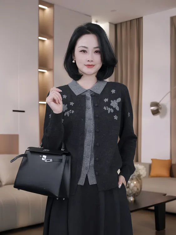 Nuovo Borgo 时尚减龄翻领提花刺绣针织衫假两件长袖宽松上衣0199