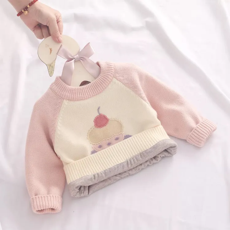 女童毛衣加绒加厚宝宝圆领针织衫婴儿套头打底衫公主洋气保暖冬装