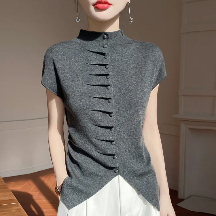 可机洗精纺羊毛褶皱不规则半高短袖时尚显瘦气质小众针织T恤夏