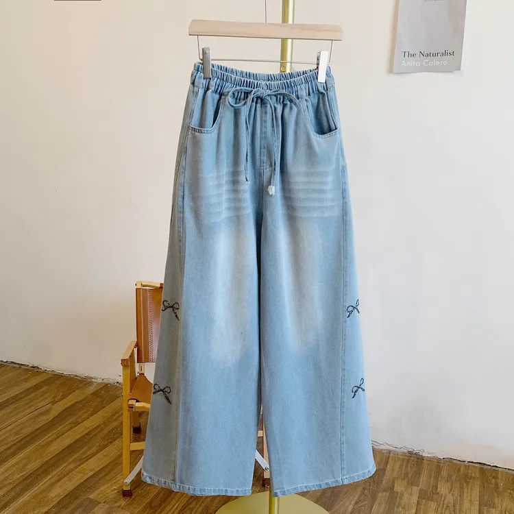 烫钻蝴蝶结Y3104烫钻蝴蝶结松紧腰系带牛仔阔腿裤