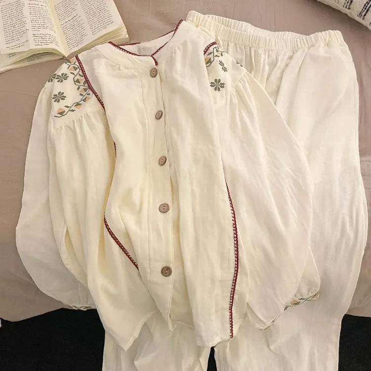 法式碎花圆领开衫长袖睡衣女春秋款2025新款休闲可外穿家居服套装