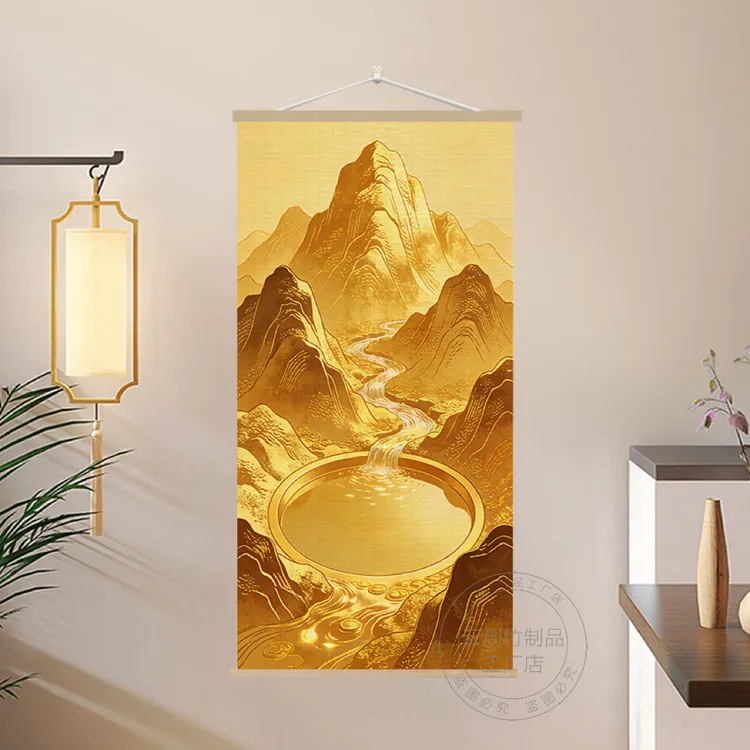 日照金山入户门玄关装饰画禅意书房墙画办公室聚宝盆竹编竹帘挂画