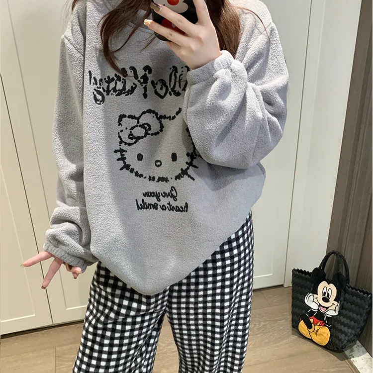 2025冬季保暖加厚米粒绒珊瑚绒半边绒睡衣家居服套装卡通KT猫格子