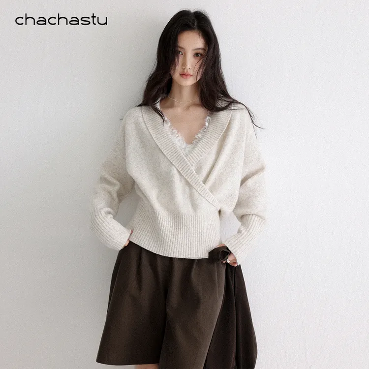 CHACHASTU气质简约V领长袖毛衣显瘦小个子保暖套头上衣F251273