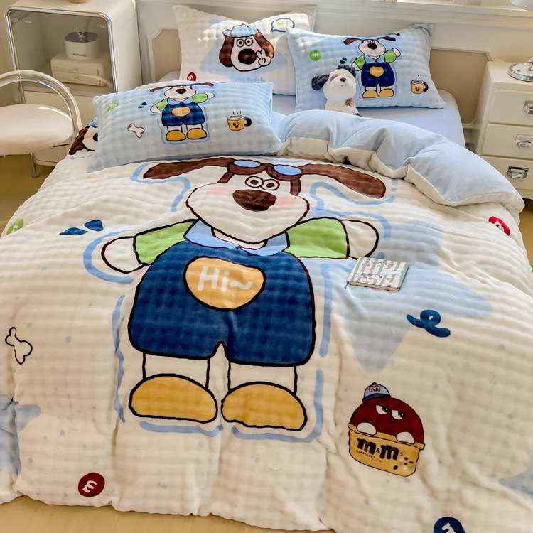 梦幻卡通大版印花牛奶绒五件套亲肤柔软床笠床单秋冬保暖床上用品