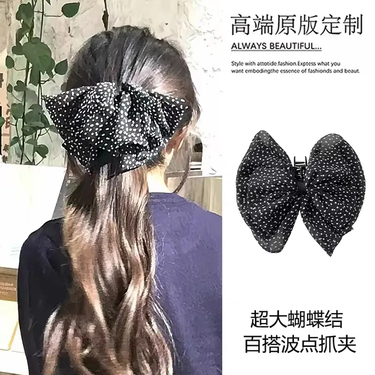 法式波点蝴蝶结抓夹小号半扎发马尾鲨鱼夹发夹发饰高级感气质新款