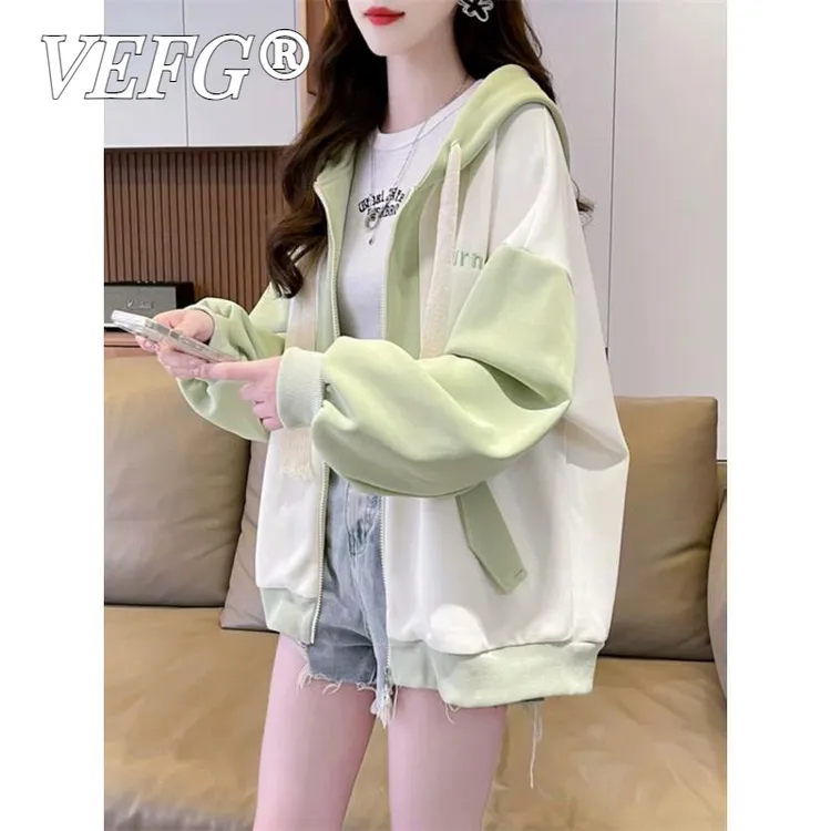 VEFG撞色设计感薄款外套女2025秋季新款连帽卫衣开衫宽松中长上衣