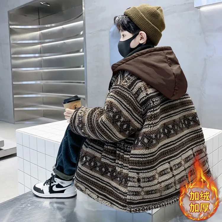 儿童装男童冬装加绒外套2025新款中大童秋冬款男孩加厚毛毛衣棉服