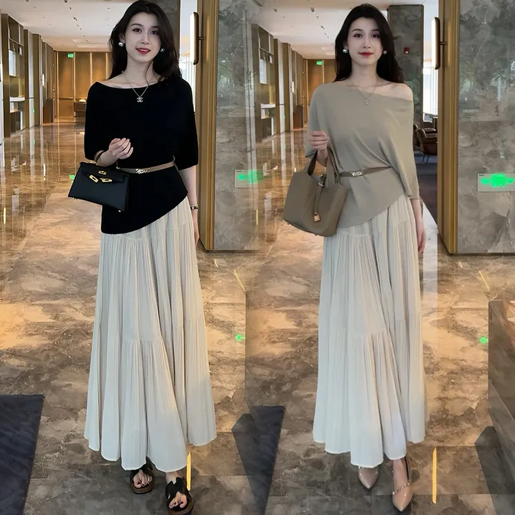 2025下架新款法式气质温柔通勤斜肩上衣+浅色高腰半身裙两件套女