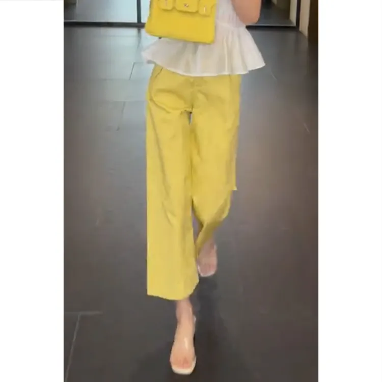 基础款时尚百搭多巴胺色系休闲裤子夏季新款设计感显瘦九分阔腿裤