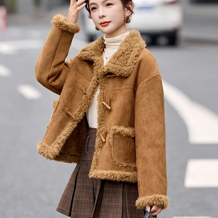 羊羔毛短外套女加绒加厚百搭保暖小个子皮毛一体棉服