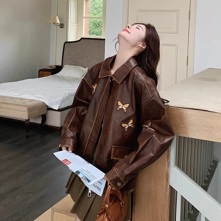 复古美拉德棕色皮衣外套女2025春季新款蝴蝶刺绣甜酷高级感皮夹克
