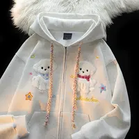 美式植绒刺绣小狗开衫外套女连帽款秋冬韩版慵懒chic情侣休闲卫衣