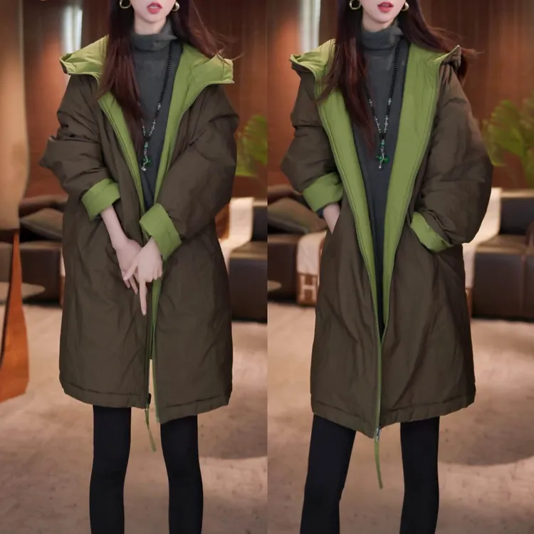 时尚加厚保暖双面穿棉衣冬季新款洋气百搭高档中长款连帽棉服外套