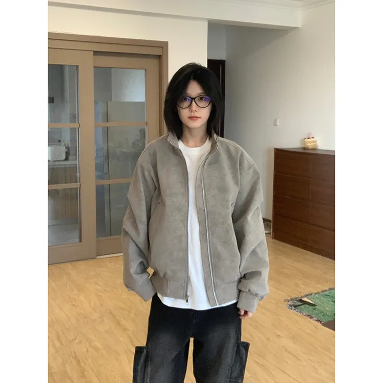 【现货现发】扎染美式复古PU皮衣夹克立领飞行外套男女同款棉衣棉服