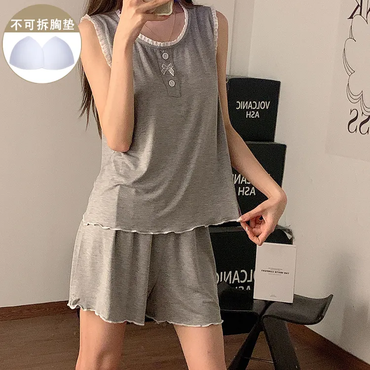韩系ins睡衣女新款灰色带胸垫背心短裤莫代尔宽松简约家居服套装