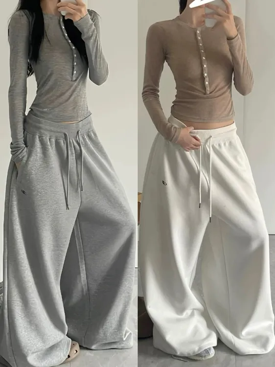 美式复古慵懒风休闲跳舞运动卫裤女垂感螺纹松紧腰宽松阔腿拖地裤