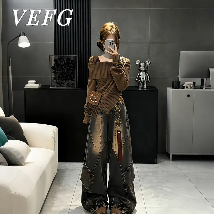 VEFG独特漂亮初冬一整套废土风套装女秋冬一字肩上衣阔腿牛仔裤两