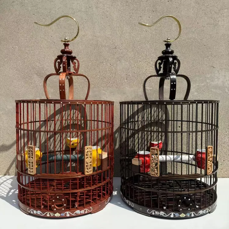 精品镶嵌彩贝壳红木乌木高端画眉笼平顶螺钿彩贝圆画眉笼全套配齐