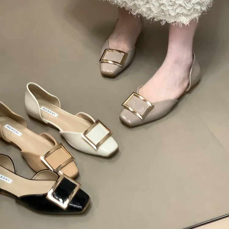 雪芸杜时尚方扣中空平底鞋女浅口一脚蹬玛丽珍鞋法式通勤单鞋包头