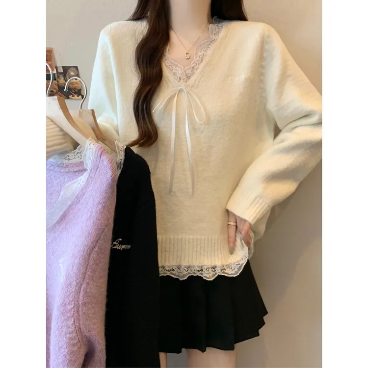 大码胖MM温柔风蕾丝拼接宽松毛衣女软糯v领系带长袖针织上衣秋冬
