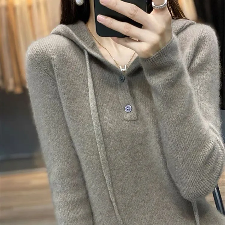 纯100羊毛衫带帽加厚女爆款内搭打底衫连帽毛衣秋冬针织衫宽松